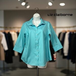 Liz Claiborne Petite, Non-Iron Turquoise Shirt, Size 14Petite